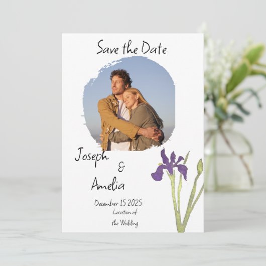 Eenvoudige Paarse en gouden foto bruiloft Save the Kaart (Staand voorkant)