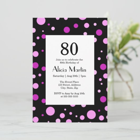 Eenvoudige Paarse Lila Polka Dot Zwart 80e Verjaar Kaart (Staand voorkant)