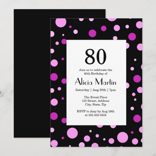 Eenvoudige Paarse Lila Polka Dot Zwart 80e Verjaar Kaart (Voorkant / Achterkant)