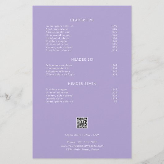 Eenvoudige Paarse moderne prijslijst (Achterkant)
