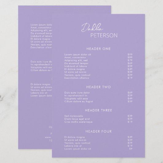 Eenvoudige Paarse moderne prijslijst (Voorkant / Achterkant)