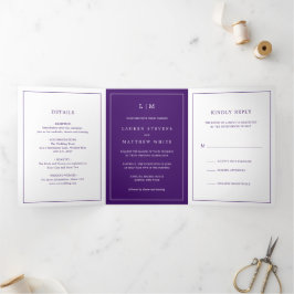 Eenvoudige Paarse Monogram Elegante Trouw Drieluik Uitnodiging
