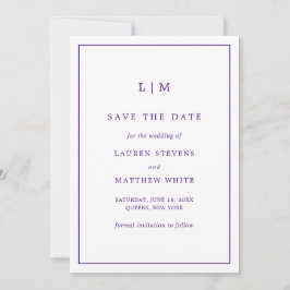 Eenvoudige paarse monogram elegante trouw save the date