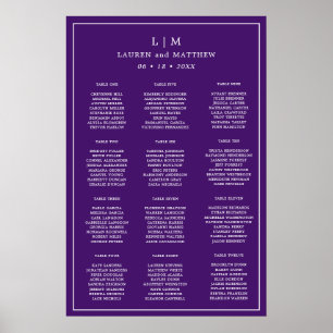 Eenvoudige paarse monogram trouw zitplaatskaart poster