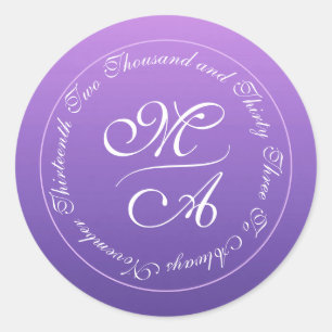 Eenvoudige Paarse Monogram Trouwdatum Ronde Sticker