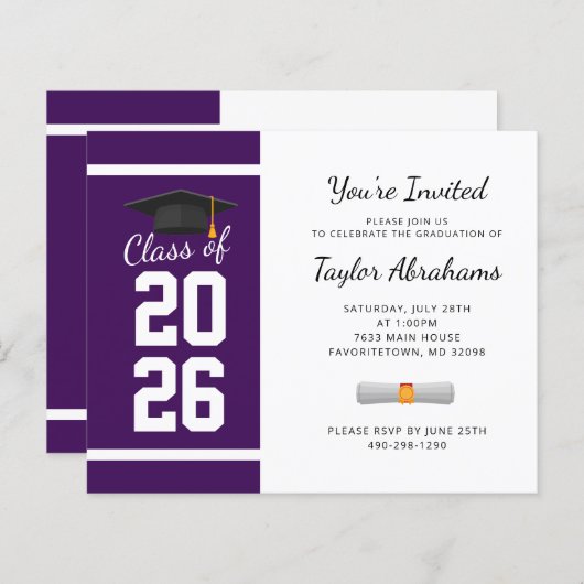 Eenvoudige Paarse witte Afstuderen uitnodiging (Voorkant / Achterkant)