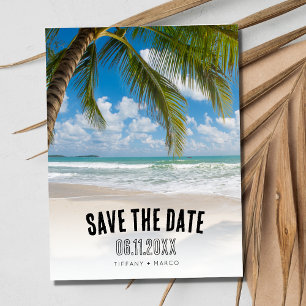 Eenvoudige Palm Tree Beach Bruiloft Save the Date Aankondigingskaart
