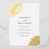 Eenvoudige palmboom bladeren bruiloft QR code goud Folie Uitnodiging (Voorkant)