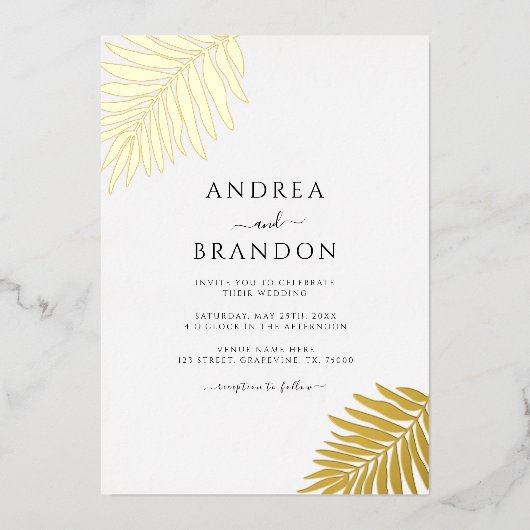Eenvoudige palmboom bladeren bruiloft QR code goud Folie Uitnodiging (Voorkant)