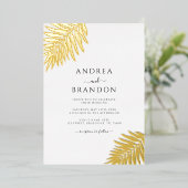 Eenvoudige palmboom bladeren bruiloft QR code goud Folie Uitnodiging (Staand Voorkant)