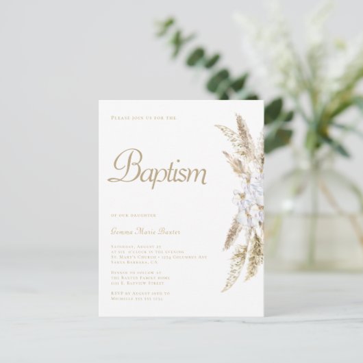 Eenvoudige pampas gras wit goud doop uitnodiging (Staand voorkant)