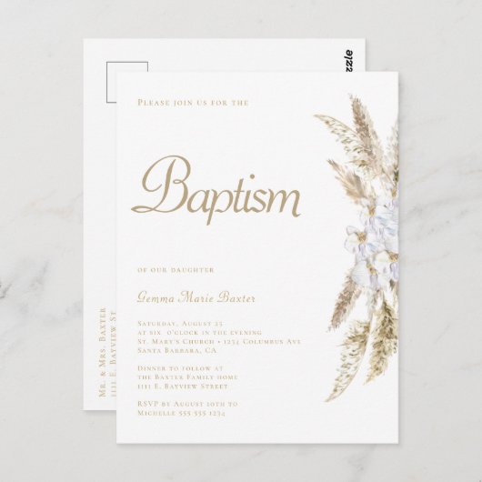 Eenvoudige pampas gras wit goud doop uitnodiging (Voorkant / Achterkant)