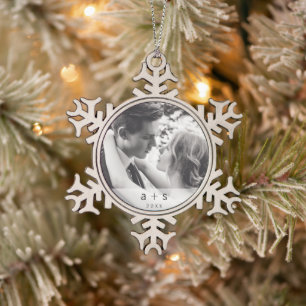 Eenvoudige Pas getrouwd foto Elegant Christmas Tin Sneeuwvlok Ornament