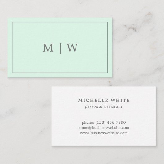 Eenvoudige pasta Mint Green Two Initiaal Monogram  Visitekaartje (Voorkant / Achterkant)