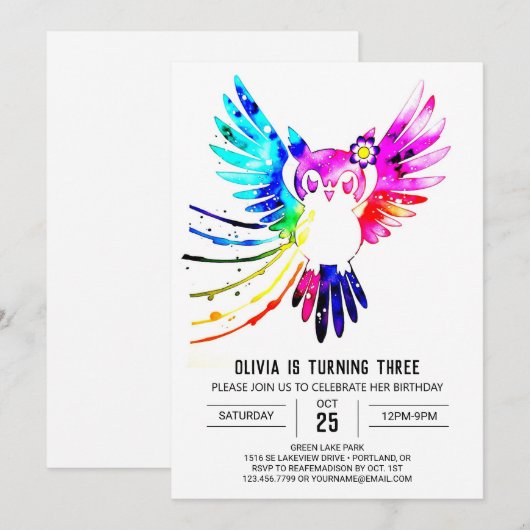 Eenvoudige Pastel Digitale Uil Verjaardag Kaart (Voorkant / Achterkant)