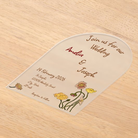 Eenvoudige Pastel Minimal Poppy Waterverf bruiloft Acryl Uitnodigingen (Laagn)
