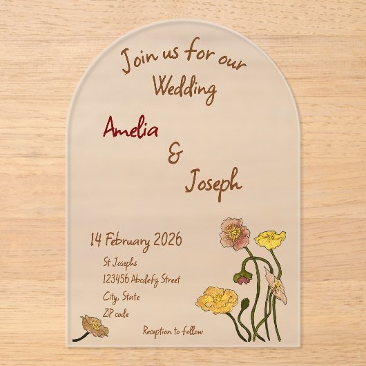 Eenvoudige Pastel Minimal Poppy Waterverf bruiloft Acryl Uitnodigingen (Voorkant)