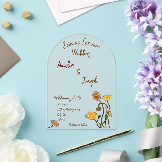 Eenvoudige Pastel Minimal Poppy Waterverf bruiloft Acryl Uitnodigingen (Insitu (Huwelijk))