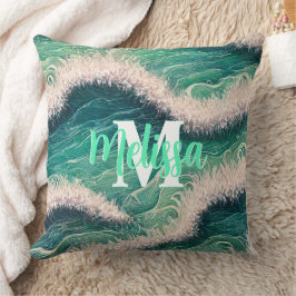 Eenvoudige pastel oceaangolven Monogrammen Kussen