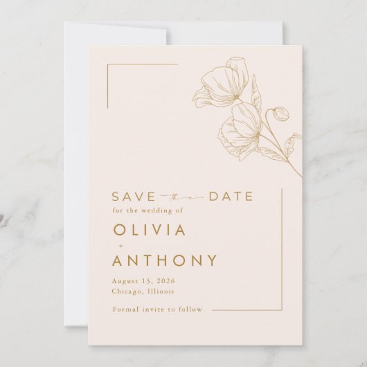 Eenvoudige Pastel Roze Goud Bloemen Foto Bruiloft Save The Date (Voorkant)