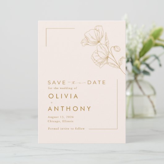 Eenvoudige Pastel Roze Goud Bloemen Foto Bruiloft Save The Date (Staand voorkant)