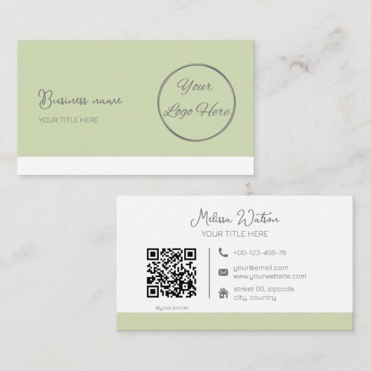 Eenvoudige pastelgroene QR-code vrouwelijk Visitekaartje (Voorkant / Achterkant)