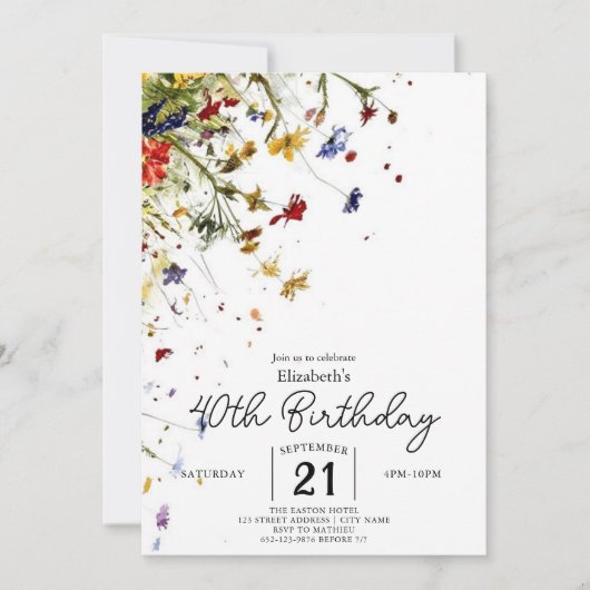 Eenvoudige Pastels Wildbloemen 40e verjaardag Kaart (Voorkant)