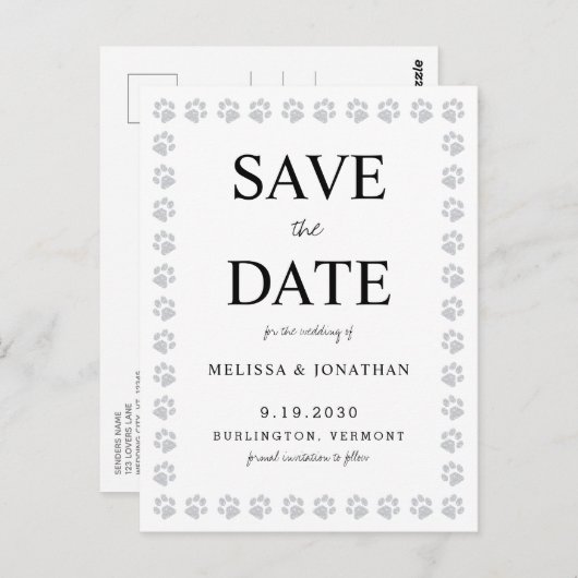 Eenvoudige Paw Prints Trouwen Save the Date Uitnod Briefkaart (Voorkant / Achterkant)