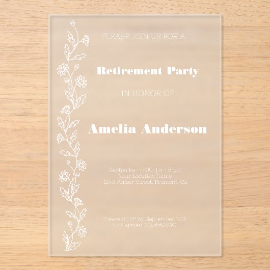 Eenvoudige pensionering doodle daisy wit acryl uitnodigingen (Voorkant)