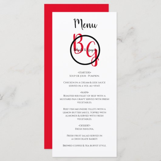 Eenvoudige persoonlijke Initialen bruiloft Menu (Voorkant / Achterkant)