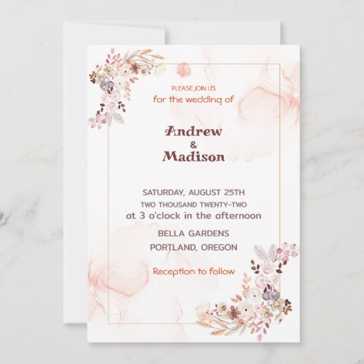Eenvoudige perzik bloemenbruiloft uitnodiging (Voorkant)