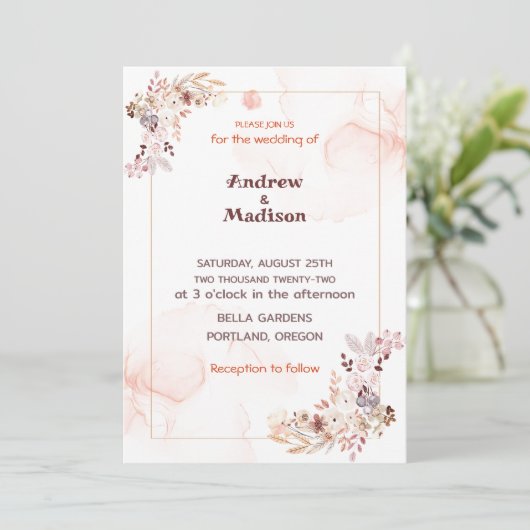 Eenvoudige perzik bloemenbruiloft uitnodiging (Staand voorkant)