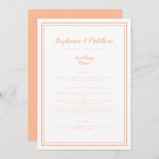 Eenvoudige perzik bruiloft diner menu Gast plaats  (Voorkant / Achterkant)