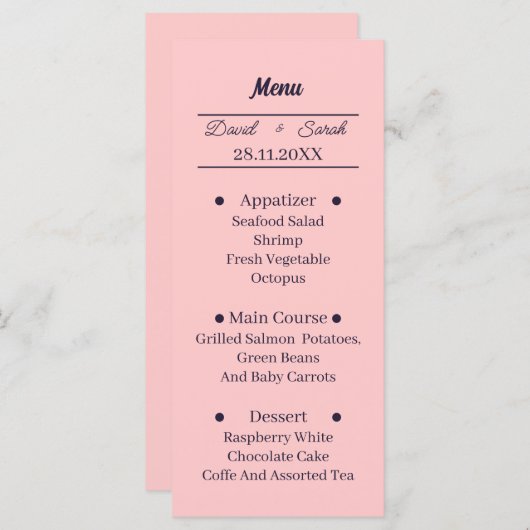 Eenvoudige perzik gepersonaliseerde bruiloft diner menu (Voorkant / Achterkant)