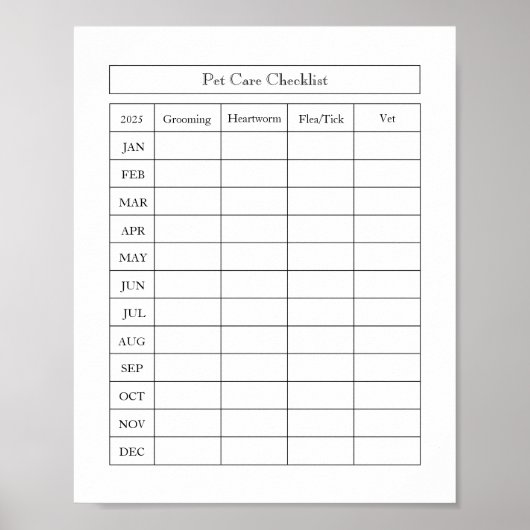 Eenvoudige Pet Care Checklist Log Poster Papier (m (Voorkant)
