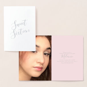 Eenvoudige Photo Pink Sweet Sixteen Script Folie C Kaarten