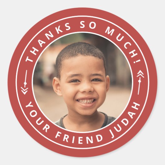 Eenvoudige pijlen cirkel foto dank u naam rood ronde sticker (Voorkant)