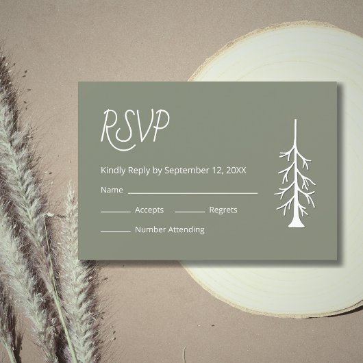 Eenvoudige Pine Tree Casual Sage Green Wedding RSVP Kaartje