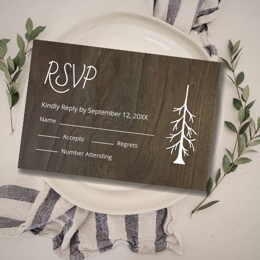 Eenvoudige Pine Tree Rustic Wood Casual bruiloft RSVP Kaartje
