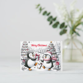 Eenvoudige pinguïn familie gepersonaliseerde kerst notitiekaartje