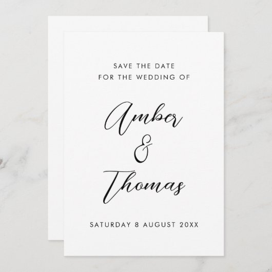 Eenvoudige platte zwarte en witte moderne kalligra save the date (Voorkant / Achterkant)