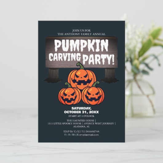 Eenvoudige Pompoen Carving Party Halloween Spooky Kaart (Staand voorkant)