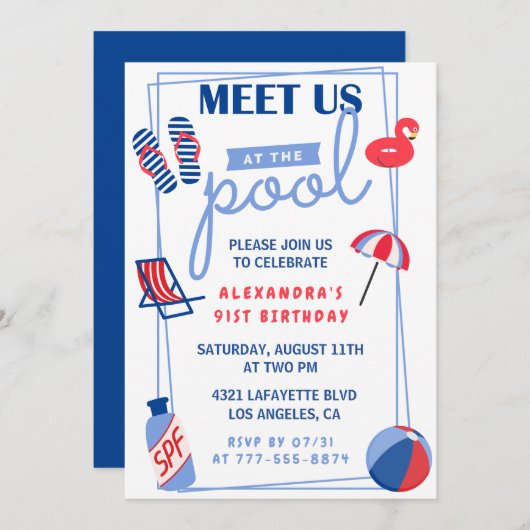 Eenvoudige Pool Party 91e verjaardag uitnodigingen (Voorkant / Achterkant)