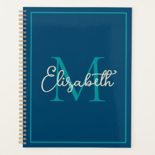 Eenvoudige Preppy Navy Blauwgroen en Cream Monogra Planner