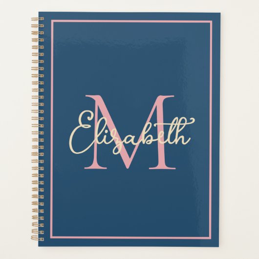 Eenvoudige Preppy Navy Roze en Crème Monogram Planner (Voorkant)