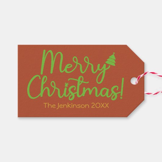 Eenvoudige Prettig Kerstmis Roodbruine Cadeaubijla Cadeaulabel (Voorkant (Horizontaal))