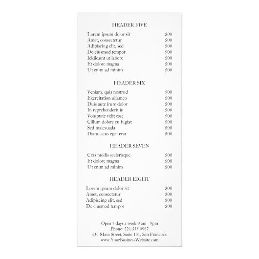 Eenvoudige prijslijst met minimale prijzen voor ou reclamekaart (Achterkant)