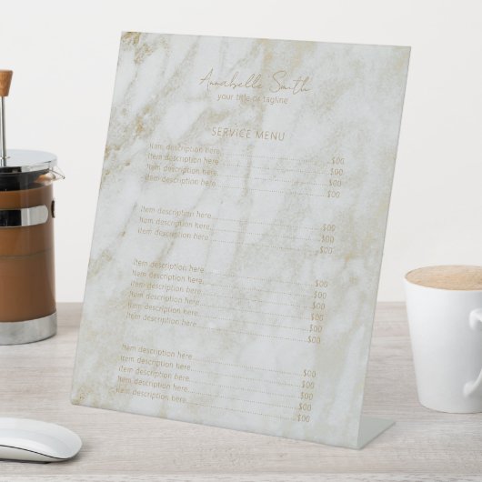 Eenvoudige prijslijst met moderne goudmarmer reclamebord met voetstuk (Insitu)
