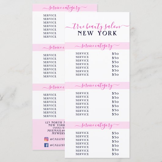 Eenvoudige prijslijst voor witte roze bruine zalon (Voorkant / Achterkant)