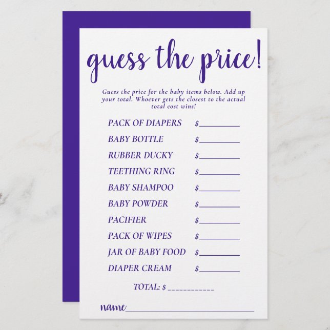 Eenvoudige prijzen raden | Paarse Douche Game Kaar (Voorkant / Achterkant)